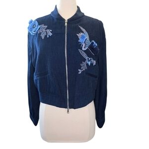 Josie Natori Denim Bomber Jacket E19411 Embroidery Indigo Size 12